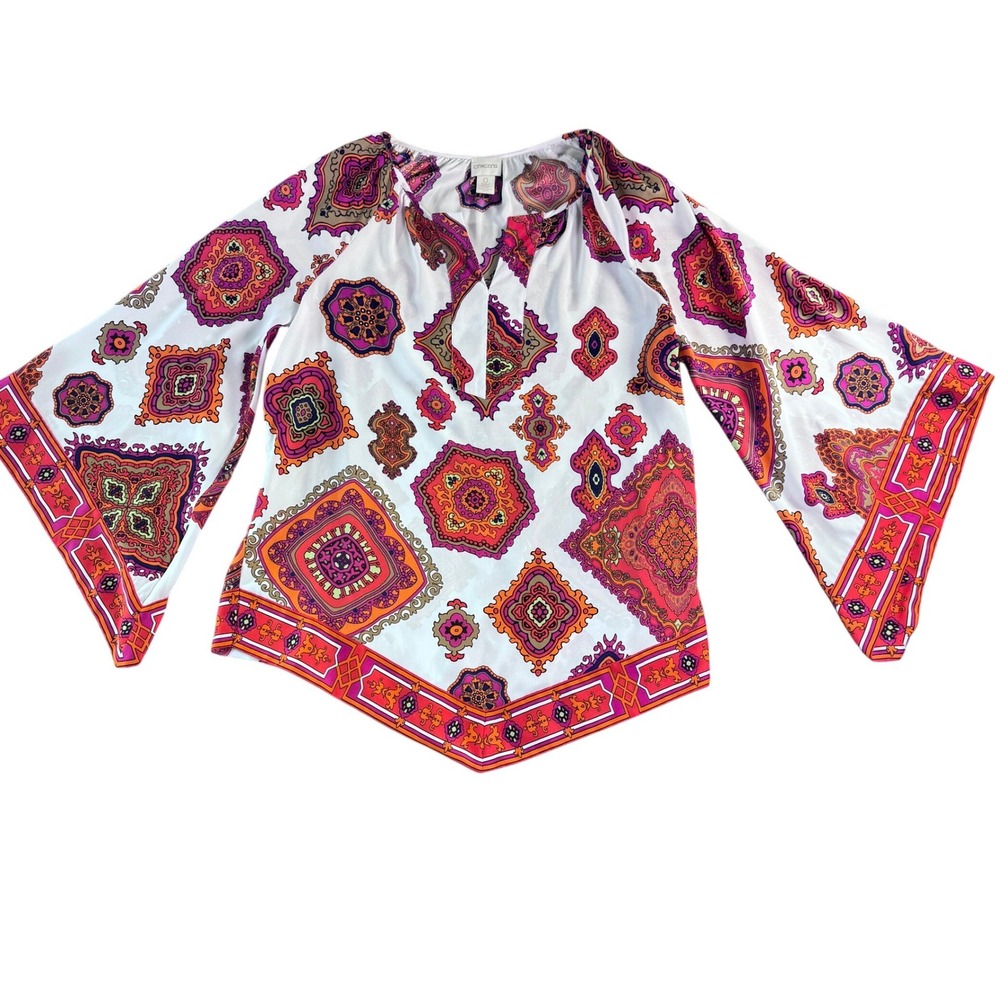 Chico's 0 Small‎ Vibrant Medallion Print Bell Sleeve Tunic Blouse 70s Boho